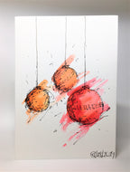 Original Hand Painted Christmas Card - Bauble Collection - Abstract Orange, Pink, Yellow and Red - eDgE dEsiGn London
