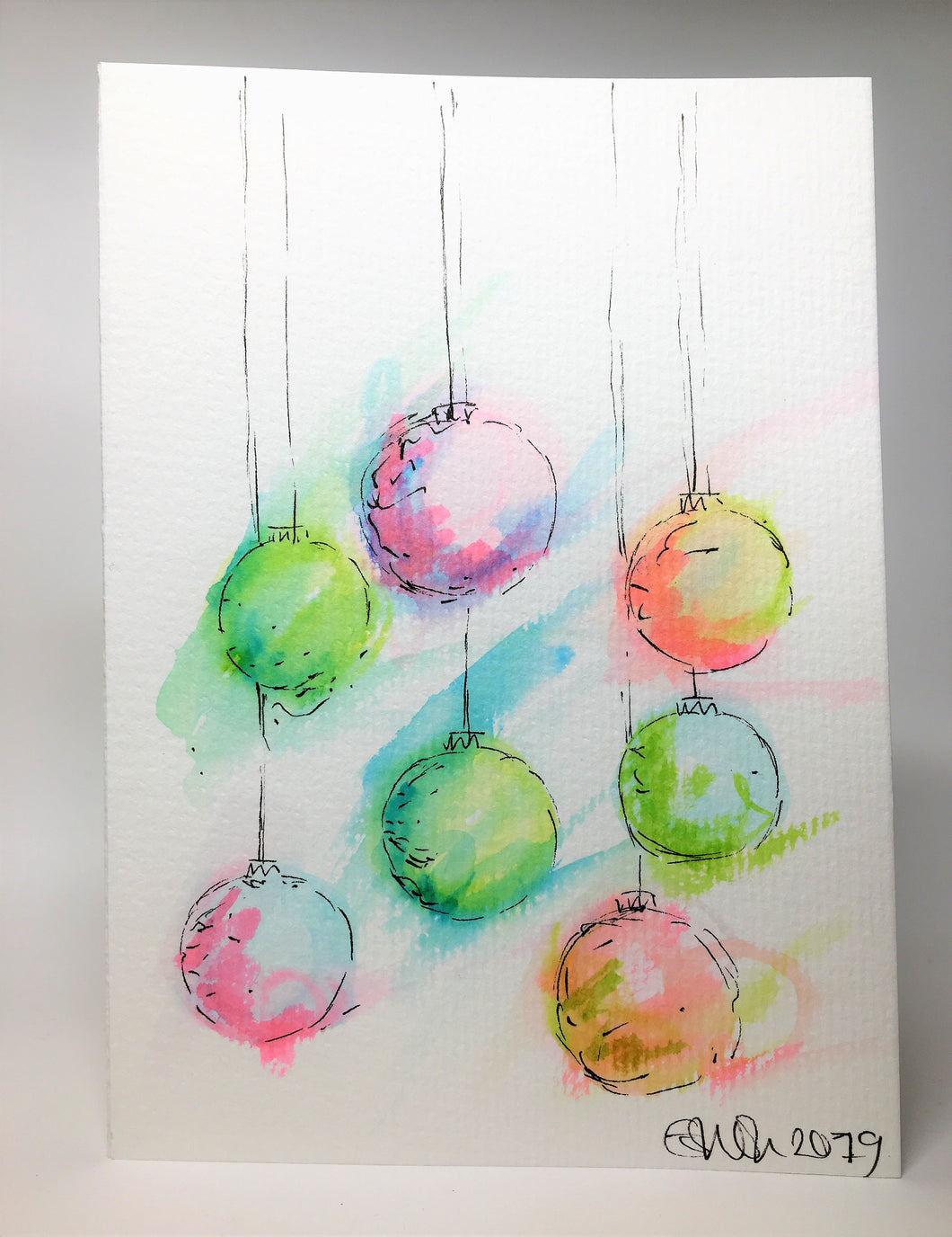 Original Hand Painted Christmas Card - Bauble Collection - Abstract Pink, Green, Blue and Yellow - eDgE dEsiGn London