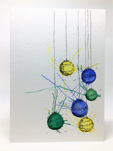 Original Hand Painted Christmas Card - Bauble Collection - Yellow, Green and Blue Splatter - eDgE dEsiGn London