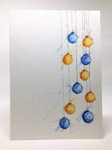 Original Hand Painted Christmas Card - Bauble Collection - Blue and Orange - eDgE dEsiGn London