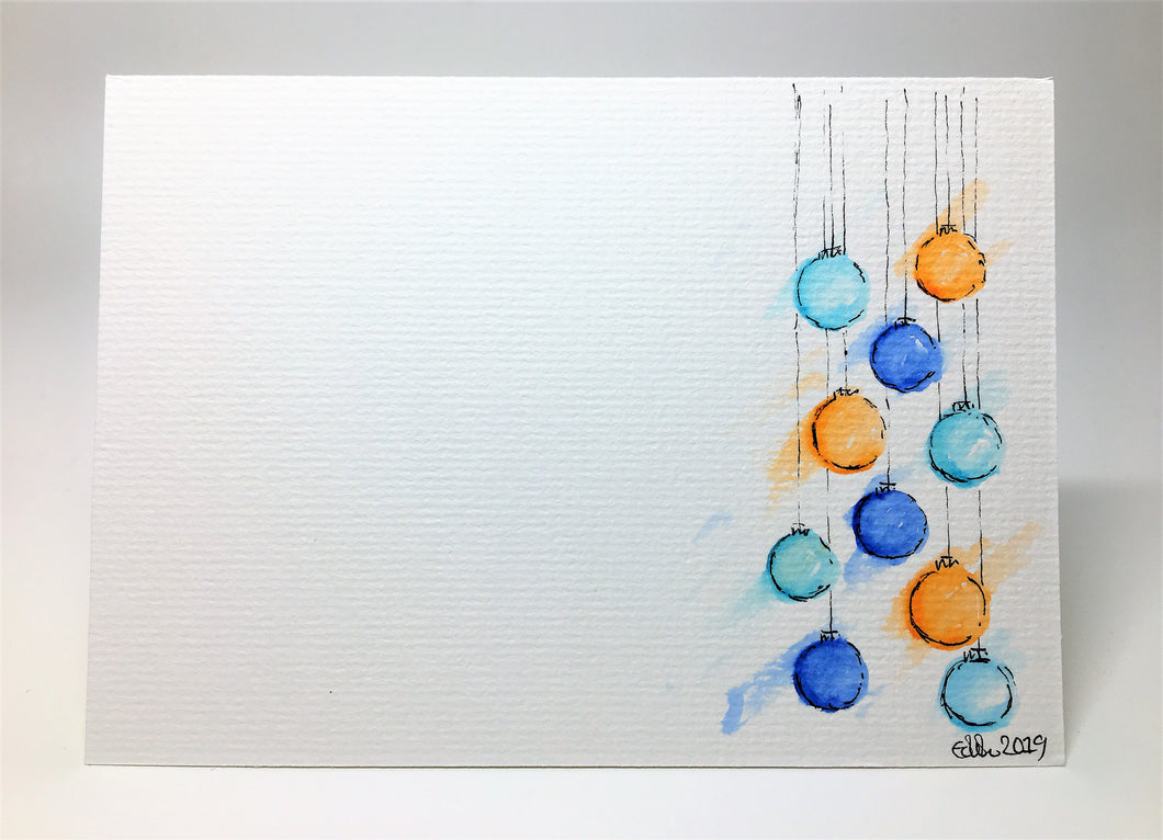 Original Hand Painted Christmas Card - Bauble Collection - Orange, Blue and Turquoise - eDgE dEsiGn London