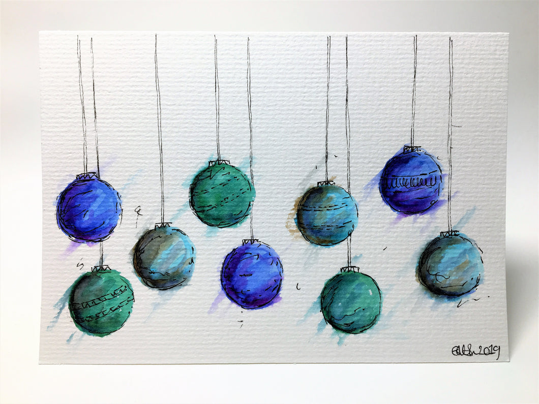 Original Hand Painted Christmas Card - Bauble Collection - Green, Blue and Purple - eDgE dEsiGn London