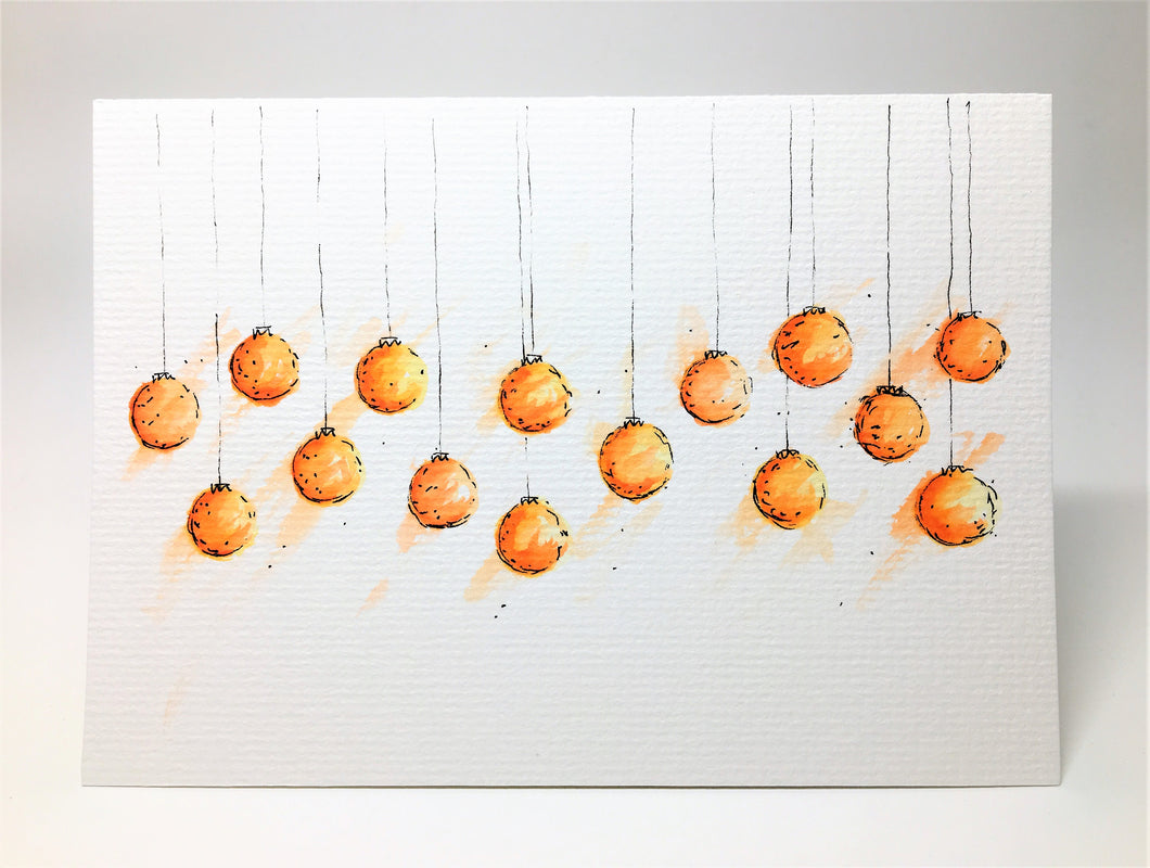 Original Hand Painted Christmas Card - Bauble Collection - Orange and Yellow - eDgE dEsiGn London