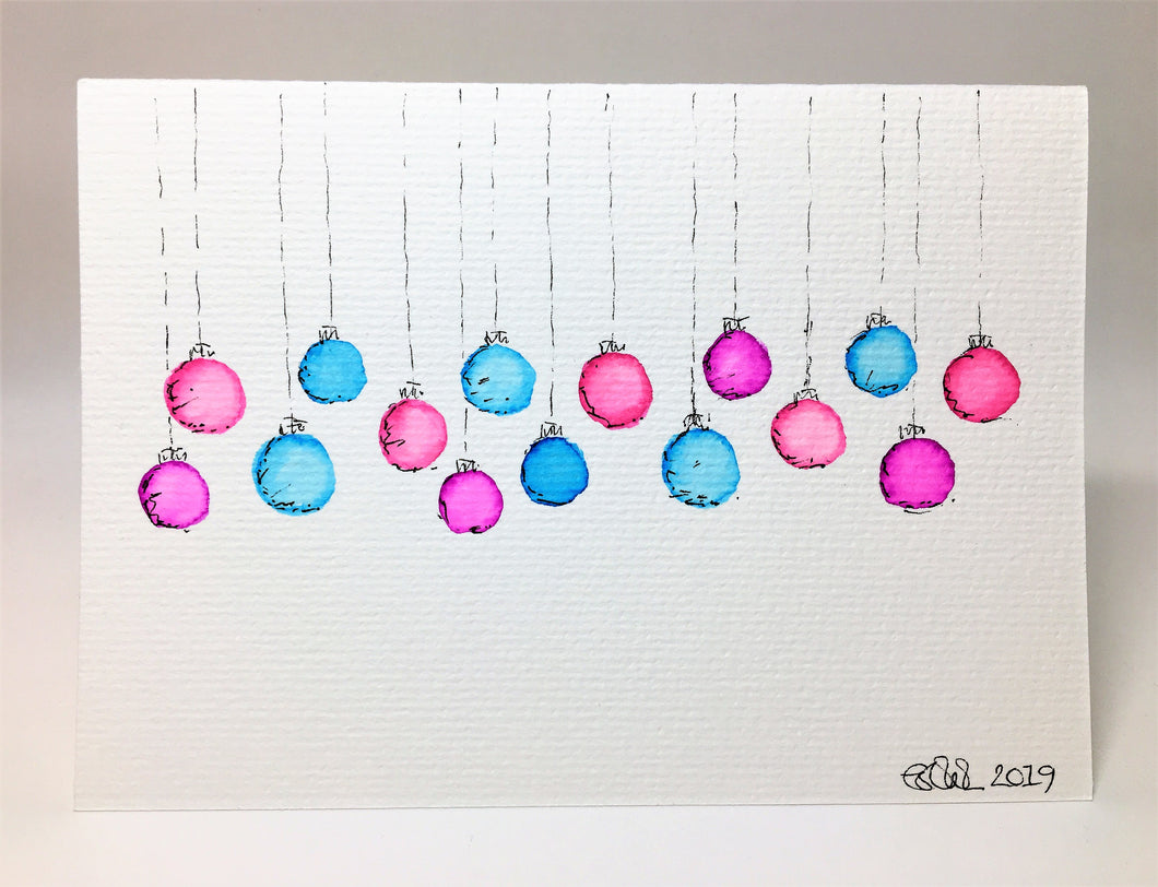 Original Hand Painted Christmas Card - Bauble Collection - Small Abstract Pink, Purple and Blue - eDgE dEsiGn London