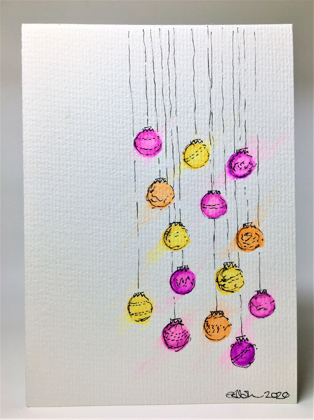 Original Hand Painted Christmas Card - Bauble Collection - Pink, Yellow and Orange - eDgE dEsiGn London