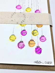 Original Hand Painted Christmas Card - Bauble Collection - Pink, Yellow and Orange - eDgE dEsiGn London