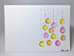 Original Hand Painted Christmas Card - Bauble Collection - Yellow, Orange and Pink - eDgE dEsiGn London