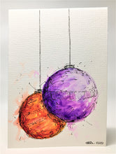 Original Hand Painted Christmas Card - Bauble Collection - Purple and Orange Splatter - eDgE dEsiGn London