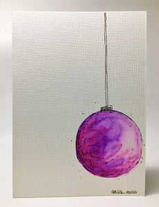Original Hand Painted Christmas Card - Bauble Collection - Large Purple and Pink - eDgE dEsiGn London