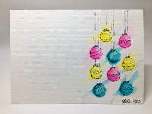 Original Hand Painted Christmas Card - Bauble Collection - Yellow, Pink and Aqua - eDgE dEsiGn London
