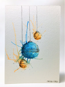 Original Hand Painted Christmas Card - Bauble Collection - Turquoise and Orange Splatter - eDgE dEsiGn London
