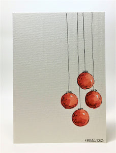 Original Hand Painted Christmas Card - Bauble Collection - 4 Red Baubles Design - eDgE dEsiGn London
