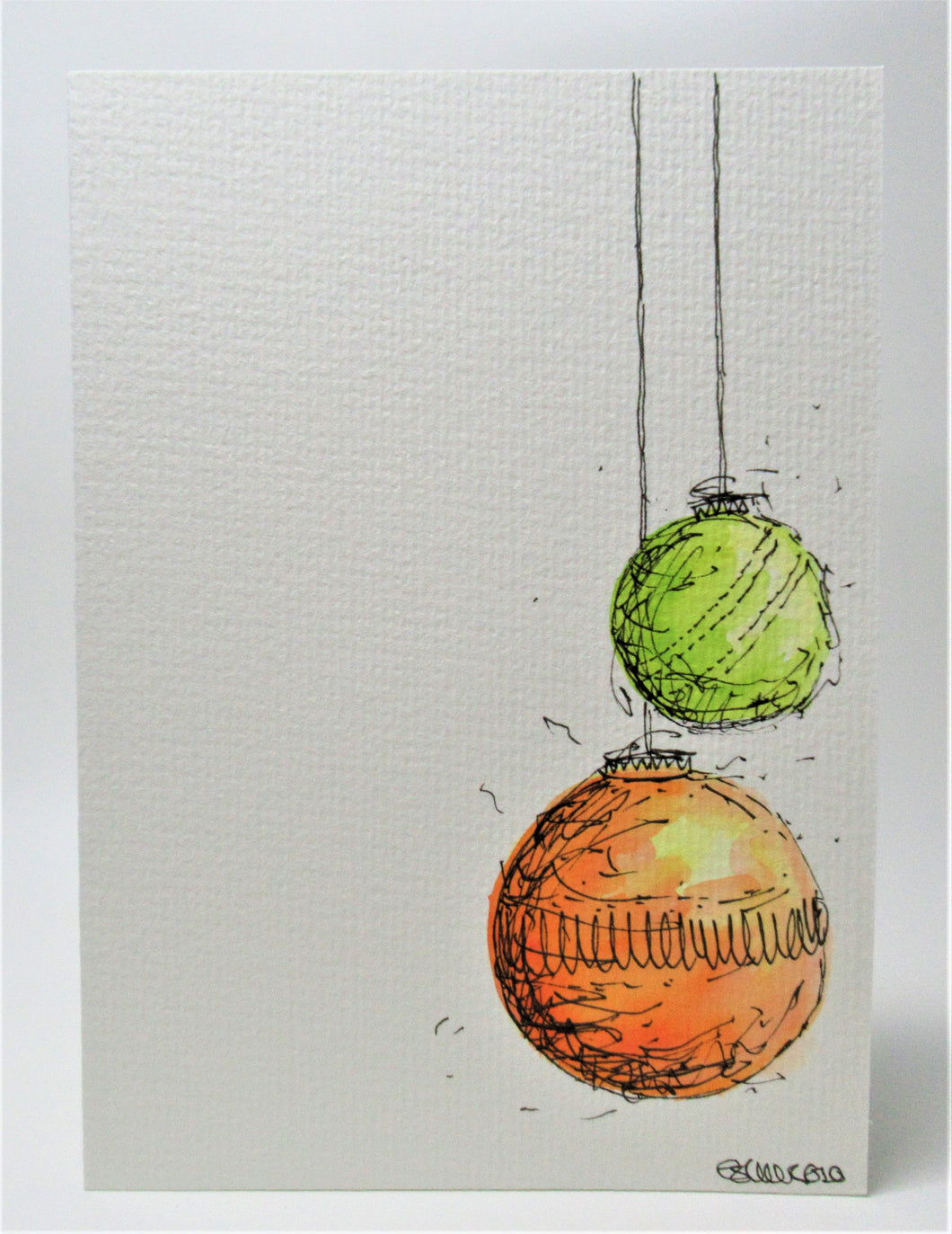 Original Hand Painted Christmas Card - Bauble Collection - Lime Green and Orange - eDgE dEsiGn London