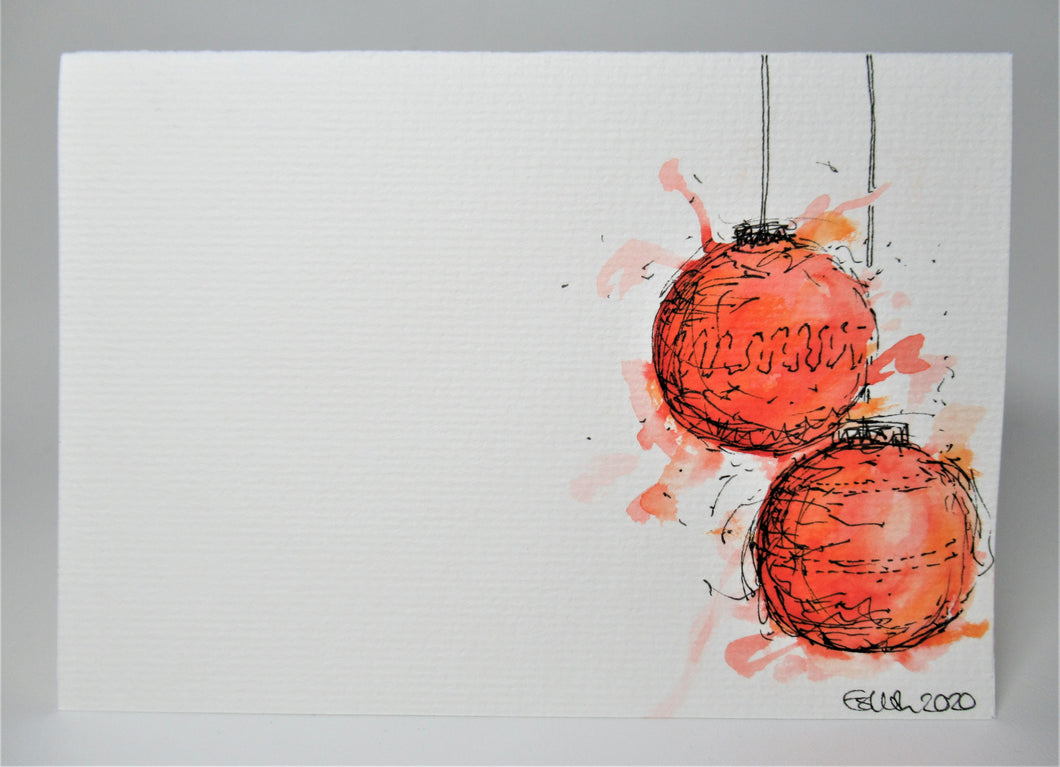 Original Hand Painted Christmas Card - Bauble Collection - Red and Orange Splatter - eDgE dEsiGn London