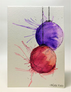 Original Hand Painted Christmas Card - Bauble Collection - Red and Purple Splatter - eDgE dEsiGn London
