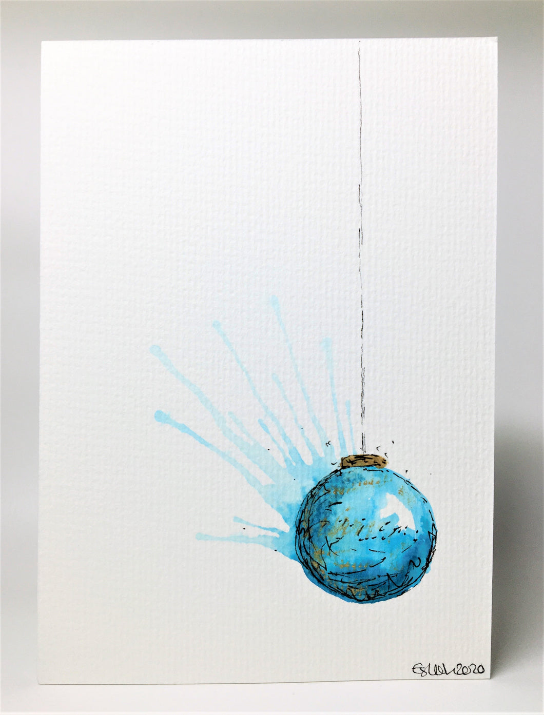 Original Hand Painted Christmas Card - Bauble Collection - Aqua and Gold Splatter Bauble - eDgE dEsiGn London