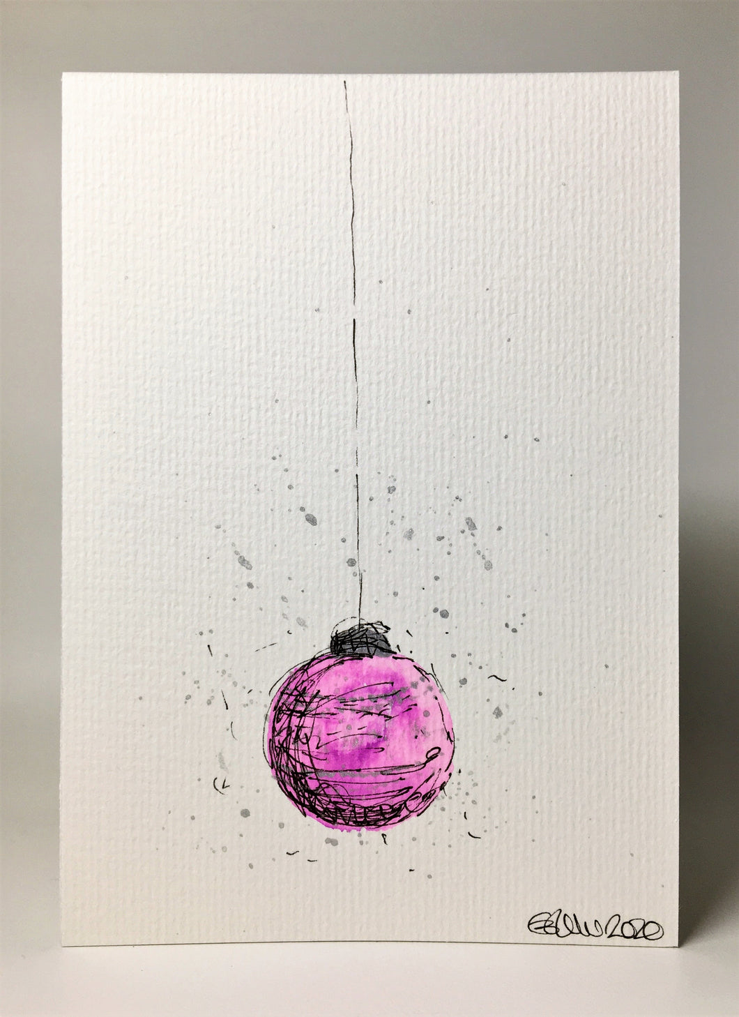 Original Hand Painted Christmas Card - Bauble Collection - Pink and Silver Bauble - eDgE dEsiGn London