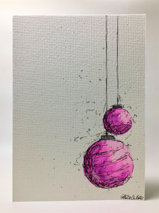 Original Hand Painted Christmas Card - Bauble Collection - Pink and Silver Splatter Baubles - eDgE dEsiGn London