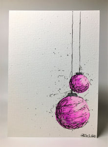 Original Hand Painted Christmas Card - Bauble Collection - Pink and Silver Splatter Baubles - eDgE dEsiGn London
