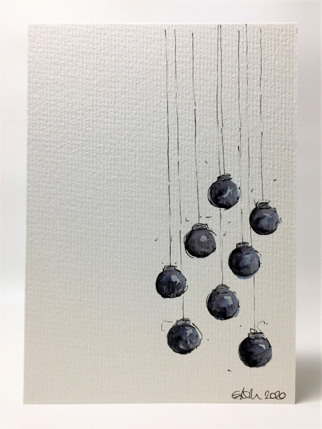 Original Hand Painted Christmas Card - Bauble Collection -  Eight Black, Grey and Silver Baubles - eDgE dEsiGn London