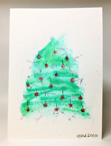 Original Hand Painted Christmas Card - Tree Collection - Large tree with red and silver detail - eDgE dEsiGn London
