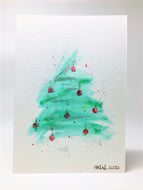 Original Hand Painted Christmas Card - Tree Collection - Tree with red and silver detail - eDgE dEsiGn London