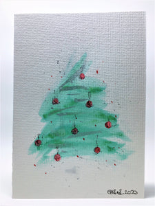 Original Hand Painted Christmas Card - Tree Collection - Tree with red and silver detail - eDgE dEsiGn London