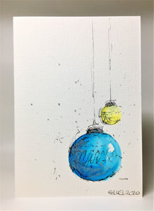 Original Hand Painted Christmas Card - Bauble Collection - Blue, Yellow and Silver Baubles - eDgE dEsiGn London