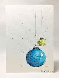 Original Hand Painted Christmas Card - Bauble Collection - Blue, Yellow and Silver Baubles - eDgE dEsiGn London