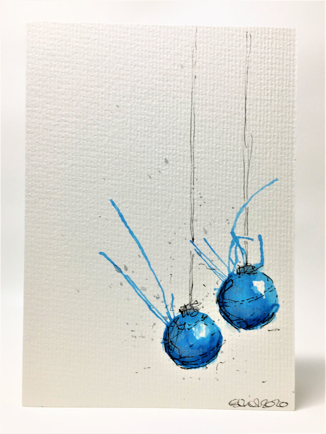 Original Hand Painted Christmas Card - Bauble Collection - Blue and Silver Splatter Baubles - eDgE dEsiGn London