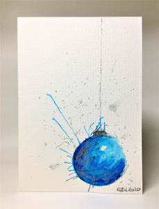 Original Hand Painted Christmas Card - Bauble Collection - Blue, Turquoise and Silver Splatter Bauble - eDgE dEsiGn London