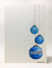 Original Hand Painted Christmas Card - Bauble Collection - 3 Blue, Turquoise and Silver Splatter Baubles - eDgE dEsiGn London