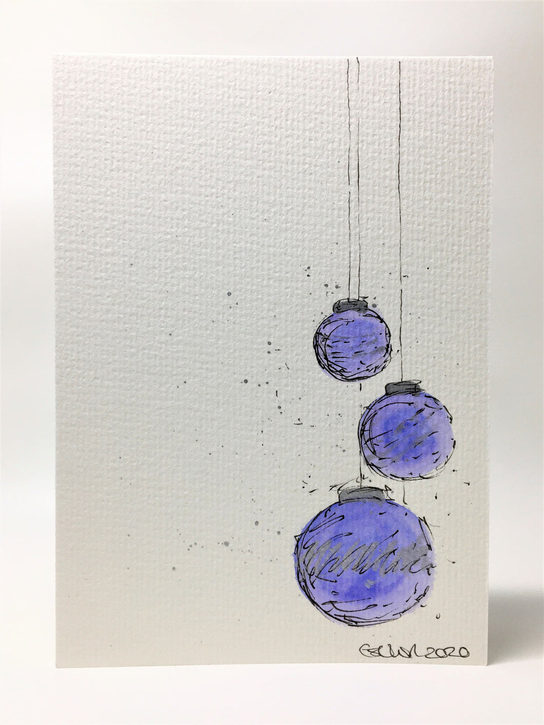 Original Hand Painted Christmas Card - Bauble Collection - 3 Lilac and Silver Splatter Baubles - eDgE dEsiGn London