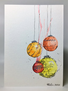 Original Hand Painted Christmas Card - Bauble Collection - Yellow, Orange, Red and Silver Splatter Baubles - eDgE dEsiGn London