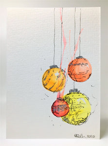 Original Hand Painted Christmas Card - Bauble Collection - Yellow, Orange, Red and Silver Splatter Baubles - eDgE dEsiGn London