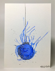 Original Hand Painted Christmas Card - Bauble Collection - Large Blue and Silver Splatter Bauble - eDgE dEsiGn London