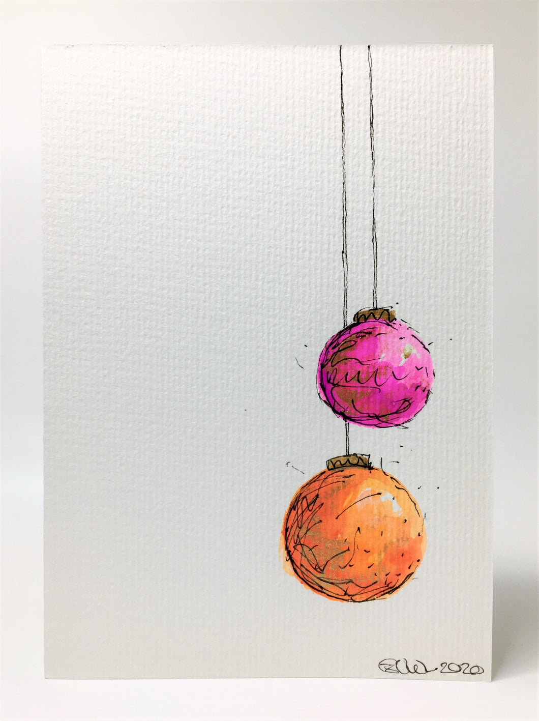 Original Hand Painted Christmas Card - Bauble Collection - Pink, Orange and Gold Baubles - eDgE dEsiGn London