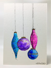 Original Hand Painted Christmas Card - Bauble Collection - Pink, Blue, Purple and Gold Baubles - eDgE dEsiGn London