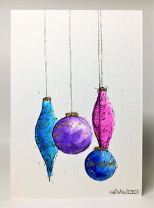 Original Hand Painted Christmas Card - Bauble Collection - Pink, Blue, Purple and Gold Baubles - eDgE dEsiGn London