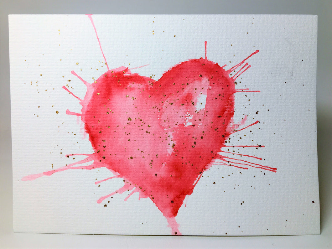Original Hand Painted Greeting Card - Valentine - Large Red and Gold Heart - eDgE dEsiGn London