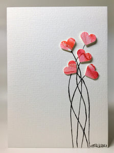 Original Hand Painted Greeting Card - Five Red Heart Flowers - eDgE dEsiGn London