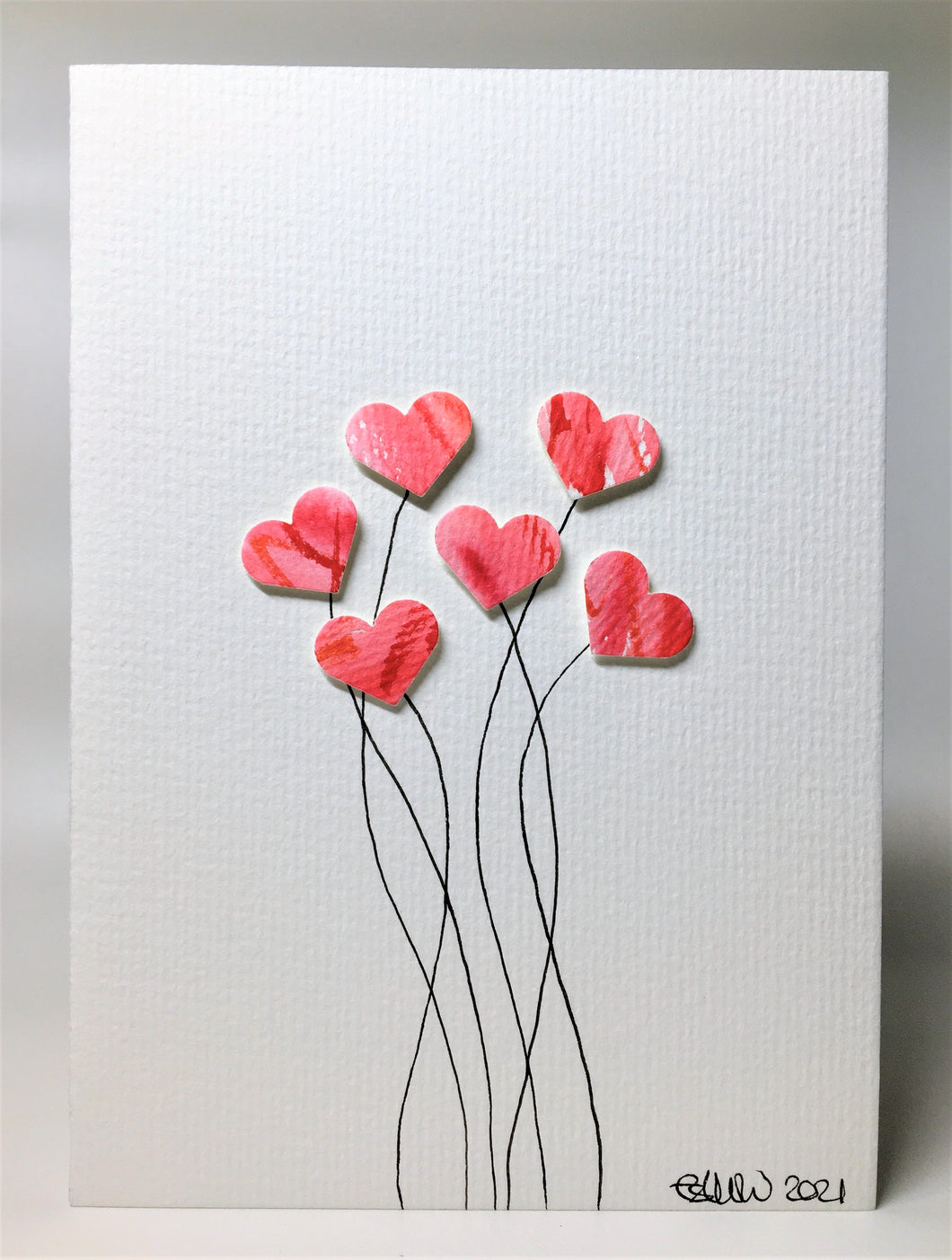 Original Hand Painted Greeting Card - Six Pink and Red Heart Flowers - eDgE dEsiGn London