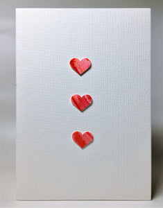 Original Hand Painted Greeting Card - Three Red and Pink Hearts - eDgE dEsiGn London