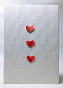 Original Hand Painted Greeting Card - Three Red and Pink Hearts - eDgE dEsiGn London