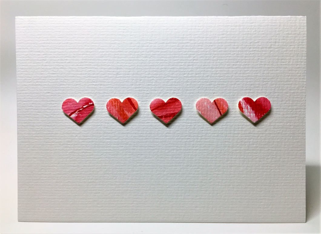 Original Hand Painted Greeting Card - Five Red and Pink Hearts - eDgE dEsiGn London