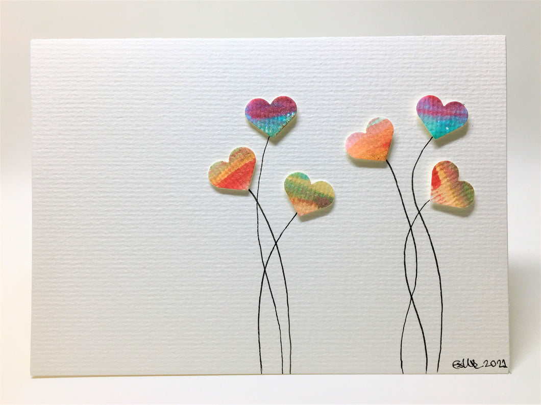Original Hand Painted Greeting Card - Six Multicoloured Heart Flowers - eDgE dEsiGn London