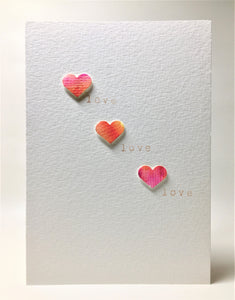 Original Hand Painted Greeting Card - 3 Pink and Orange Hearts and Love - eDgE dEsiGn London