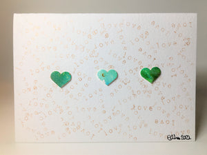 Original Hand Painted Greeting Card - Three Green Hearts and Lots of Love - eDgE dEsiGn London