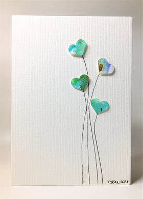 Original Hand Painted Greeting Card - Four Green and Gold Heart Flowers - eDgE dEsiGn London