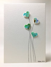 Original Hand Painted Greeting Card - Four Green and Gold Heart Flowers - eDgE dEsiGn London